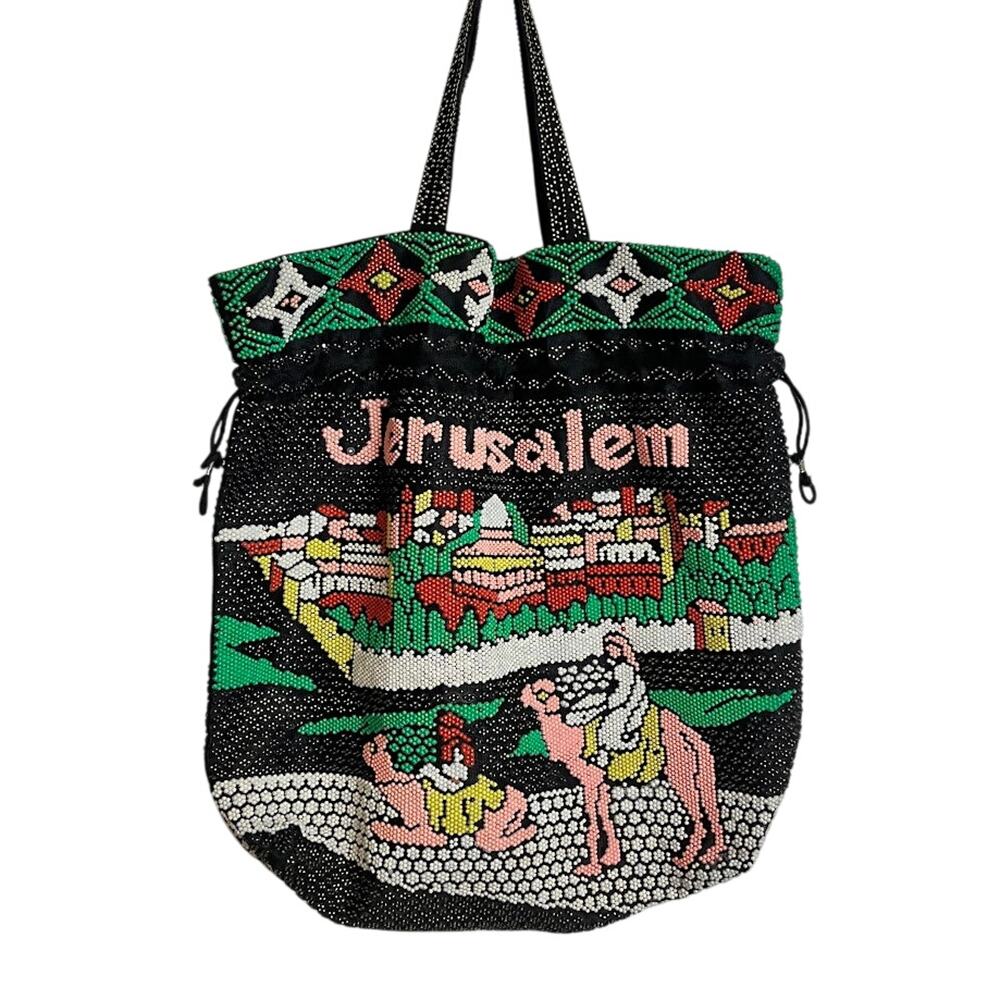 Jerusalem Cityscape Beaded Tote Bag Purse Handmade Vintage Black Double Handle